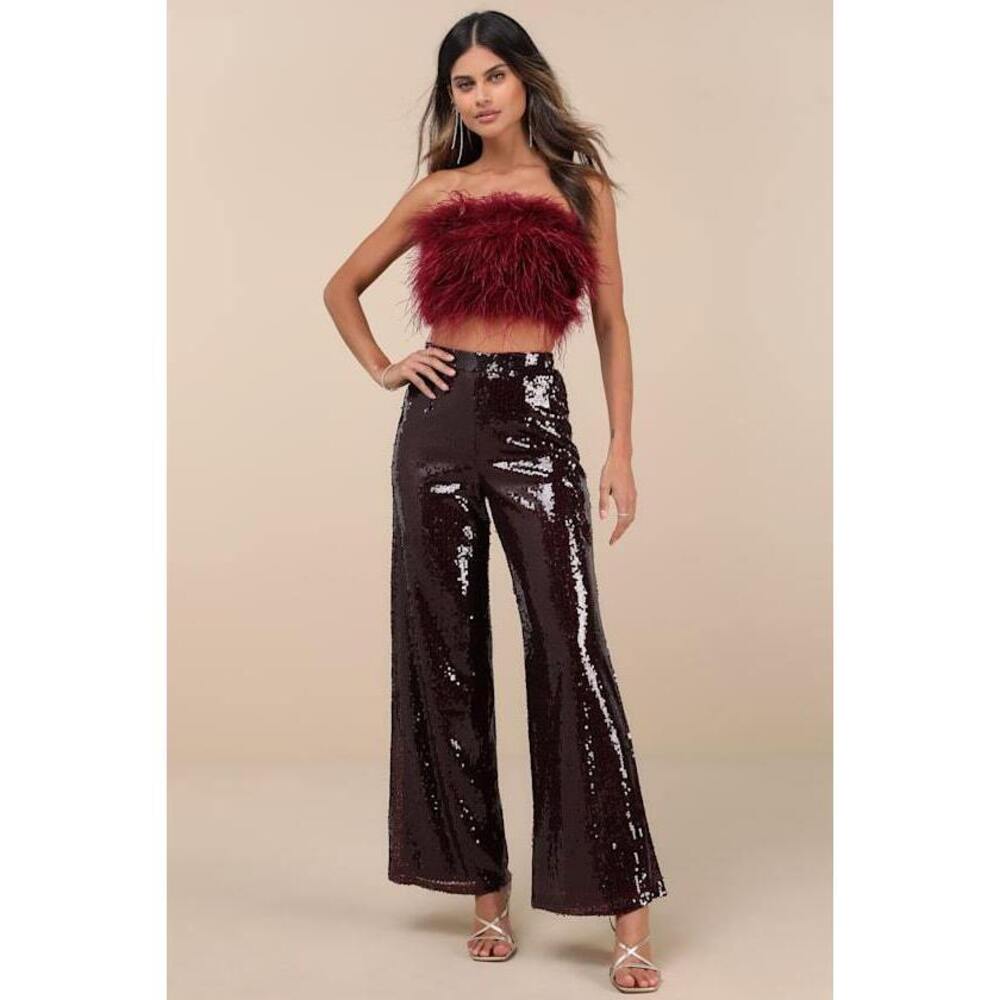 Lulus Celebrity Shine Burgundy Feather Sequin Two-piece Jumpsuit Red - Size L